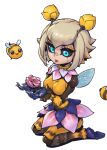  1girl animal bangs bee black_sclera blonde_hair breasts bug colored_sclera flower green_eyes grey_background joints large_breasts league_of_legends orbeeanna orianna_(league_of_legends) phantom_ix_row pink_flower robot_joints seiza short_hair simple_background sitting skirt solo tongue tongue_out wings 