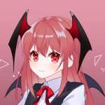  1girl artist_request bat_wings black_vest colored_eyelashes commentary_request eyelashes hair_between_eyes head_wings koakuma long_hair looking_at_viewer pink_background red_eyes red_neckwear redhead shirt sidelocks simple_background smile solo touhou upper_body vest white_shirt wings 