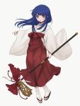  1girl bangs blue_hair blunt_bangs eyebrows_visible_through_hair floating_hair full_body furude_rika high-waist_skirt highres higurashi_no_naku_koro_ni holding holding_staff japanese_clothes kimono long_hair long_sleeves looking_at_viewer miko open_mouth poyadevil red_skirt simple_background skirt smile solo staff straight_hair tabi violet_eyes white_background white_kimono white_legwear wide_sleeves 