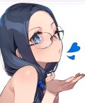  1girl 92m bare_shoulders blue_eyes blue_hair commentary_request dateko glasses heart long_hair nude original round_eyewear simple_background solo upper_body white_background 