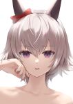  1girl animal_ears bangs bare_shoulders bow collarbone curren_chan_(umamusume) ear_bow grey_hair hairband hand_on_own_cheek hand_on_own_face hand_up highres horse_ears hoshinopurin lips looking_at_viewer parted_lips portrait red_bow short_hair solo umamusume violet_eyes 