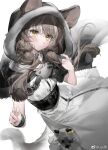  1girl animal_ear_fluff arknights bangs belt black_cape blush bracelet brown_hair cape closed_mouth dress ears_through_headwear eyebrows_visible_through_hair highres honeyberry_(arknights) hood hood_up hooded_cape infection_monitor_(arknights) jewelry liyu_li long_hair looking_at_viewer low_twintails simple_background solo tail twintails white_background white_dress yellow_eyes 