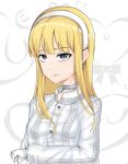  1girl absurdres blonde_hair blue_eyes earrings headband highres hime_cut ignis_(artist) jewelry nagi_(ignis) non-web_source patterned_clothing pouty_lips shirt simple_background white_headband white_shirt 