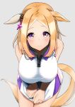 1girl animal_ears bangs blonde_hair blurry blush breasts closed_mouth cowboy_shot depth_of_field ear_covers highres horse_ears horse_girl horse_tail komb large_breasts leaning_forward looking_at_viewer miniskirt multicolored_eyes narita_top_road_(umamusume) parted_bangs shirt simple_background skirt skirt_tug sleeveless sleeveless_shirt smile solo sportswear tail tareme taut_clothes taut_shirt tennis_uniform umamusume v_arms 