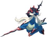  e_volution fangs full_body hisuian_samurott holding looking_to_the_side no_humans open_mouth pokemon pokemon_(creature) red_eyes simple_background solo white_background 