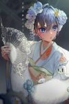  1girl artist_name bangs blue_eyes blue_hair blush boros_(ouro_kronii) commentary english_commentary flower folding_fan fur_trim hair_between_eyes hair_flower hair_ornament hand_fan highres holding holding_fan hololive hololive_english japanese_clothes kimono looking_away looking_to_the_side obi official_alternate_costume open_mouth ouro_kronii sash shirohayami short_hair solo upper_body v-shaped_eyebrows virtual_youtuber 