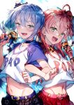  2girls ahoge back-to-back belt blue_eyes blue_hair bow breasts choker commentary english_commentary green_eyes hair_bow highres hololive hoshimachi_suisei long_hair looking_at_viewer matching_outfit microphone midriff multiple_girls music navel open_mouth pink_hair print_shirt raglan_sleeves redcomet sakura_miko shirt short_sleeves side_ponytail simple_background singing smile upper_body v_neck 