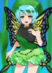  1girl antennae aqua_hair butterfly_wings cowboy_shot dress eternity_larva eyebrows_visible_through_hair fairy green_dress hair_between_eyes highres leaf leaf_on_head multicolored_clothes multicolored_dress open_mouth short_hair short_sleeves smile solo touhou wings yellow_eyes yomogi_0001 