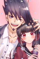  1boy 1girl :d bangs black_sailor_collar blunt_bangs blush brown_hair closed_mouth danganronpa_(series) danganronpa_v3:_killing_harmony dress_shirt eyebrows_visible_through_hair hair_ornament hand_on_another&#039;s_head harukawa_maki long_hair long_sleeves looking_at_viewer low_twintails mole mole_under_eye momota_kaito one_eye_closed open_clothes open_shirt red_eyes red_scrunchie red_shirt sailor_collar satori_(aosky9077) school_uniform scrunchie shirt smile teeth twintails upper_teeth 