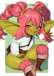 1girl =3 blush boots colored_skin curvy eyebrows_visible_through_hair fang female_goblin goblin green_skin highres lap_pillow_invitation large_ears long_pointy_ears medium_hair micro_shorts nia_(nia4294) open_mouth original pink_eyes pink_hair pink_legwear pointy_ears second-party_source shirt short_eyebrows shorts shortstack smile smug solo thick_thighs thigh-highs thighs twintails white_shirt wide_hips x-shaped_pupils 
