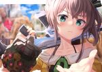  1girl absurdres apex_legends assault_rifle blue_eyes blush brown_hair clouds collarbone explosive eyebrows_visible_through_hair frown grenade gun head_tilt highres holding holding_gun holding_weapon hololive jacket kings_canyon looking_at_viewer natsuiro_matsuri off-shoulder_jacket off_shoulder open_hand over_shoulder r-301_carbine rifle sky solo starkamisan v-shaped_eyebrows virtual_youtuber weapon weapon_over_shoulder yellow_jacket 