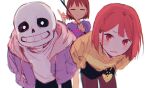  1boy 2others bangs black_shorts blue_jacket blue_sweater brown_hair brown_legwear chara_(undertale) closed_eyes commentary eere eyebrows_visible_through_hair frisk_(undertale) heart heart_necklace holding holding_stick jacket leaning_forward looking_at_viewer multiple_others pantyhose red_eyes sans shirt short_hair shorts skeleton stick sweater symbol-only_commentary undertale white_shirt 