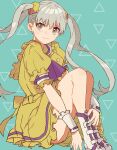  boots bow dress frilled_dress frills geometric_pattern grey_eyes highres juliet_sleeves long_sleeves monogatari_(series) nail_polish neckerchief oikura_sodachi on_floor owarimonogatari puffy_sleeves scrunchie silver_hair sitting smile twintails valhalla0707 yellow_dress yellow_scrunchie 