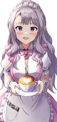  1girl :d absurdres alternate_costume blush coffee_mug cup dress enmaided grey_hair highres holding idolmaster idolmaster_million_live! idolmaster_million_live!_theater_days latte_art looking_at_viewer maid maid_headdress mug pinafore_dress puffy_short_sleeves puffy_sleeves shijou_takane short_sleeves shuucream_(syuichi) simple_background smile solo white_background wrist_cuffs 