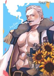  1boy absurdres flower grgrgrteeen hair_slicked_back happy_birthday highres large_pectorals male_focus muscular muscular_male one_piece open_clothes open_shirt pectoral_cleavage pectorals scar scar_on_face smoker_(one_piece) solo sunflower twitter_username white_hair 