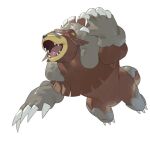  bear brown_fur claws e_volution from_below full_body green_eyes looking_up no_humans open_mouth pokemon pokemon_(creature) sharp_teeth simple_background teeth tongue ursaluna white_background 