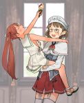  2girls annin_musou blush brown_eyes brown_hair capelet closed_eyes dress food holding holding_food ice_cream kantai_collection libeccio_(kancolle) long_hair long_sleeves multiple_girls open_mouth pince-nez red_skirt roma_(kancolle) sailor_collar sailor_shirt shirt short_hair skirt sleeveless sleeveless_dress thigh-highs twintails white_capelet white_dress white_legwear white_sailor_collar white_shirt 
