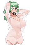  1girl arms_up bangs blunt_bangs breasts commentary_request cropped_legs drawlomong24 eyebrows_visible_through_hair green_eyes green_hair hair_tie_in_mouth highres korean_commentary large_breasts long_sleeves looking_at_viewer mouth_hold naked_shirt no_bra no_panties no_pants original ponytail see-through_shirt shirt simple_background solo tying_hair white_background white_shirt 