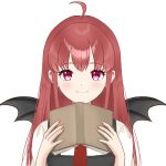  1girl ahoge bangs bat_wings book closed_mouth eyebrows_visible_through_hair hands_up holding holding_book koakuma light_blush long_hair looking_at_viewer nail_polish necktie open_book pink_nails red_necktie redhead simple_background smile solo touhou upper_body user_zpaf4388 violet_eyes white_background wings 