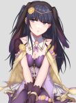  1girl alternate_costume animal_ears bangs black_gloves black_hair blunt_bangs blush breasts cape closed_mouth commentary_request detached_collar eyebrows_visible_through_hair fake_animal_ears fire_emblem fire_emblem_awakening fire_emblem_heroes flower gloves grey_background grey_eyes hair_flower hair_ornament highres jewelry long_hair looking_away official_alternate_costume own_hands_together pantyhose peach11_01 playboy_bunny purple_legwear rabbit_ears simple_background sitting solo tharja_(fire_emblem) tiara twintails twitter_username wariza yellow_cape yellow_flower 