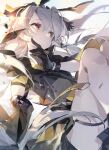  1girl arknights black_dress black_gloves blush closed_mouth dress gloves highres long_hair red_eyes short_dress short_sleeves silver_hair smile solo thigh_strap tracyton very_long_hair weedy_(arknights) 