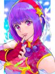  1girl asamiya_athena bangs blue_background border breasts china_dress chinese_clothes dress eyebrows_visible_through_hair finger_to_mouth fingerless_gloves gloves hair_ribbon hairband highres lips looking_at_viewer medium_breasts oni_gini open_mouth purple_hair red_dress ribbon short_hair short_shorts shorts simple_background smile solo star_(symbol) the_king_of_fighters the_king_of_fighters_xv upper_body violet_eyes white_background white_border white_ribbon 