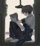  1boy absurdres barefoot black_legwear blue_eyes brown_hair cape commentary_request full_body gloves highres holding knees_up male_focus njosau original pants safe_(container) shirt short_hair short_sleeves sitting solo white_gloves white_shirt 
