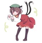  1girl animal_ears ar_(maeus) bangs black_legwear blunt_bangs blush bow bowtie brown_hair cat_ears cat_tail chen commentary eyebrows_visible_through_hair fang full_body green_headwear hat kneehighs long_sleeves looking_at_viewer mob_cap multiple_tails nekomata no_shoes open_mouth paw_pose puffy_long_sleeves puffy_sleeves red_eyes red_skirt red_vest shirt short_hair simple_background skirt skirt_set sleeves_past_wrists smile solo standing tail touhou two_tails vest white_background white_shirt yellow_bow yellow_bowtie 