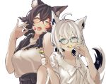  2girls absurdres ahoge animal_ear_fluff animal_ears bangs black_hair blue_eyes blue_nails brown_eyes candy ear_piercing food food_in_mouth fox_ears glasses hair_between_eyes hair_over_shoulder highres holding holding_candy holding_food holding_lollipop hololive lollipop long_hair looking_at_viewer multicolored_hair multiple_girls nail_polish ookami_mio open_mouth piercing red_nails redhead samgo shirakami_fubuki shirt sleeveless sleeveless_shirt streaked_hair tongue tongue_out upper_body virtual_youtuber white_background white_hair white_shirt 