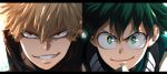  &gt;:) 2boys bakugou_katsuki blonde_hair boku_no_hero_academia eye_reflection freckles glowing green_hair grin highres light male_focus mask mask_removed midoriya_izuku mkm_(mkm_storage) multiple_boys red_eyes reflection signature smile spiky_hair teeth v-shaped_eyebrows white_background 