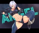  1girl ahoge angel_(kof) blue_eyes boots breasts character_name cowboy_boots fingerless_gloves fingernails gloves hair_over_one_eye highres jacket large_breasts muscular navel ogami parted_lips short_hair sleeves_rolled_up smile solo the_king_of_fighters white_hair zipper zipper_pull_tab 