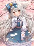  1girl animal_ears commentary_request commission dress eyebrows_visible_through_hair flower fox_ears fox_girl fox_tail goma_(u_p) hair_ornament highres long_hair looking_at_viewer low_twintails original red_eyes skeb_commission smile solo tail twintails very_long_hair white_hair 