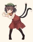  1girl :3 animal_ears ar_(maeus) bangs black_footwear black_legwear blunt_bangs blush boots bow bowtie brown_hair cat_ears cat_tail chen earrings eyebrows_visible_through_hair full_body green_headwear hat jewelry long_sleeves looking_at_viewer mob_cap multiple_tails nekomata open_mouth pantyhose paw_pose puffy_long_sleeves puffy_sleeves red_eyes red_skirt red_vest redrawn shirt short_hair simple_background single_earring skirt skirt_set smirk solo standing tail touhou two_tails vest white_background white_shirt yellow_bow yellow_bowtie 