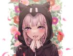  1girl :d animal_ears bangs black_jacket danganronpa_(series) danganronpa_2:_goodbye_despair fake_animal_ears floral_background galaga hair_ornament highres hood hood_up jacket long_sleeves looking_at_viewer lower_teeth medium_hair nanami_chiaki own_hands_together pink_eyes pink_nails portrait shirt sleeves_past_wrists smile solo teeth yurusite 