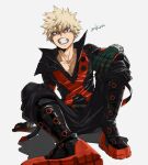  1boy angry bakugou_katsuki blonde_hair boku_no_hero_academia boots clenched_teeth collar collarbone gloves green_gloves male_focus mkm_(mkm_storage) red_eyes shadow signature simple_background sitting solo spiky_hair teeth white_background 