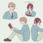  2boys back-to-back bangs blonde_hair blue_necktie blue_sweater book brown_footwear collared_shirt cropped_torso glass_no_kamen hair_over_one_eye hayami_masumi hijiri_karato holding holding_book knees_up loafers long_sleeves looking_at_viewer looking_away multiple_boys multiple_views necktie one_eye_covered open_book outstretched_arms pants profile reading redhead shirokuma224 shirt shoes short_hair sidelocks simple_background sitting sweater white_shirt 