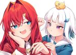  2girls :d :t ange_katrina animal_on_head bangs bird bird_on_head blue_eyes blue_hair blue_shirt blush closed_mouth colored_inner_hair eyebrows_visible_through_hair hair_between_eyes hair_intakes hair_ornament hand_on_own_cheek hand_on_own_face holding holding_pen lize_helesta long_hair looking_at_another multicolored_hair multiple_girls nijisanji on_head pen redhead sailor_collar sebastian_piyodore shirt sideways_glance silver_hair simple_background smile sukuna136 upper_body v-shaped_eyebrows violet_eyes virtual_youtuber white_background white_sailor_collar 