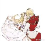  1boy 1girl armor armored_dress bare_shoulders blonde_hair blue_eyes douluo_dalu dress long_hair looking_at_another qian_renxue_(douluo_dalu) qian_renxue_zhuye royal_robe short_hair white_background white_dress 