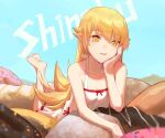  1girl bare_shoulders barefoot blonde_hair bow doughnut dress food hand_on_own_cheek hand_on_own_face long_hair lying monogatari_(series) on_stomach oshino_shinobu oversized_food pointy_ears red_bow smile soles solo sundress tesin_(7aehyun) the_pose toes white_dress yellow_eyes 