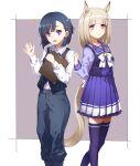  2girls :o absurdres animal_ears arm_at_side bangs black_hair black_pants black_vest blonde_hair bow bowtie clipboard collared_shirt frilled_shirt_collar frills hair_ornament hairclip hands_up happy_meek_(umamusume) highres horse_ears horse_girl horse_tail kiryuuin_aoi long_sleeves looking_at_viewer medium_hair multiple_girls notice_lines open_mouth panties pants pleated_skirt purple_legwear purple_skirt red_eyes sailor_collar school_uniform shirt shirt_grab short_hair skirt smile standing tail thigh-highs tracen_school_uniform umamusume underwear vest violet_eyes waving white_bow white_bowtie white_shirt yoru_kiri 