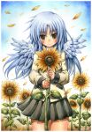  1girl angel_beats! angel_wings blush commission emperpep flower highres holding holding_plant light_blue_hair long_hair long_sleeves looking_at_viewer painting_(medium) petals plant pleated_skirt school_uniform skirt smile solo standing sunflower tachibana_kanade traditional_media watercolor_(medium) wings yellow_eyes 