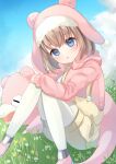  1girl blue_eyes blue_sky blush brown_hair clouds collarbone commentary_request day flower fur-trimmed_headwear head_tilt highres hood hood_down hoodie knees_together_feet_apart knees_up looking_at_viewer on_grass outdoors overall_shorts overalls pantyhose parted_lips pink_flower pink_footwear pink_headwear pink_hoodie pokemon pokemon_(game) pokemon_unite shoes sky slowpoke suzu_(minagi) white_flower white_legwear yellow_flower 