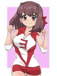  1girl bangs brown_eyes brown_hair clenched_hand closed_mouth commentary cowboy_shot elbow_pads eyebrows_visible_through_hair girls_und_panzer headband kondou_taeko looking_at_viewer medium_hair outline outside_border purple_background red_headband red_shirt red_shorts shirt short_shorts shorts single_vertical_stripe sleeveless sleeveless_shirt smile solo sportswear standing takahashi_kurage thigh_gap volleyball_uniform white_outline 