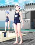  2girls absurdres barefoot black_hair blue_eyes blue_sky blurry breasts clouds commentary_request depth_of_field full_body highres lifeguard_chair looking_at_viewer multiple_girls namesake old_school_swimsuit original poolside school_swimsuit sky small_breasts solo_focus standing swim_cap swimsuit takafumi 