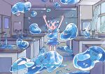  1girl 1nupool :3 :d ahoge arms_up blue_eyes blush_stickers faucet floating highres indoors liquid_clothes liquid_hair original school_uniform short_hair smile solo water water_elemental 