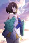  1girl breasts brown_eyes brown_hair closed_mouth clouds cloudy_sky cowboy_shot dated green_jacket hibike!_euphonium highres jacket marching_band multicolored_clothes multicolored_shirt nii_manabu oumae_kumiko removing_jacket short_hair signature sky small_breasts smile solo sunset two-tone_skirt uniform 