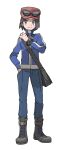  1boy absurdres bag black_bag blue_jacket blue_pants boots bracelet calem_(pokemon) closed_mouth eyewear_on_headwear full_body grey_eyes hand_in_pocket hand_up hat highres jacket jewelry long_sleeves male_focus messenger_bag official_art pants pokemon pokemon_(game) pokemon_xy red_headwear short_hair shoulder_bag sideways_glance smile solo split_mouth standing sugimori_ken sunglasses turtleneck turtleneck_jacket zipper_pull_tab 