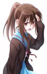  1girl absurdres bangs blue_sailor_collar blue_skirt brown_cardigan brown_eyes brown_hair cardigan commentary_request eyebrows_visible_through_hair genderswap genderswap_(mtf) hand_on_forehead highres kita_high_school_uniform kyonko long_hair long_sleeves looking_at_viewer open_cardigan open_clothes open_mouth ponytail red_ribbon reguashi ribbon sailor_collar school_uniform serafuku simple_background skirt solo suzumiya_haruhi_no_yuuutsu sweatdrop white_background 