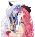  2girls ahoge black_headwear blush closed_eyes closed_mouth colored_inner_hair commentary face-to-face facing_another flower from_side hair_flower hair_ornament hand_on_another&#039;s_arm hat highres hololive hood hood_up hoodie hoshimachi_suisei long_hair looking_at_another multicolored_hair multiple_girls open_mouth pink_hair profile sakura_miko sallymomoaa smile sweater two-tone_hair upper_body virtual_youtuber wavy_hair white_background yellow_sweater yuri 