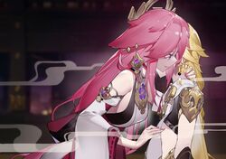 1boy 1girl blonde_hair dark_background genshin_impact hair_ornament highres japanese_clothes pink_hair smoke violet_eyes whispering yae_miko yushi_quetzalli